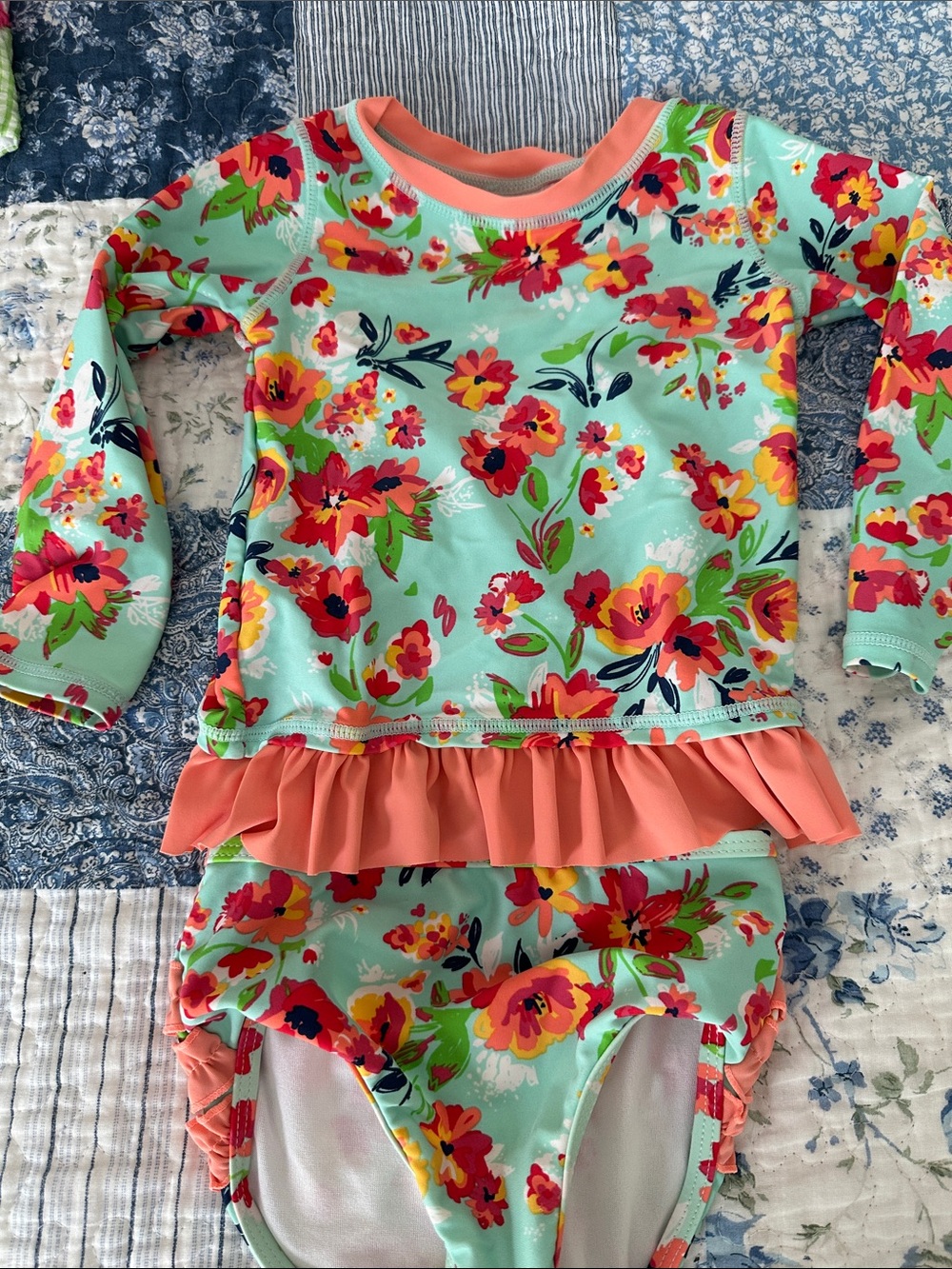 Ruffle Butts Mint Floral Two-Piece Swim Set with Coral Ruffle